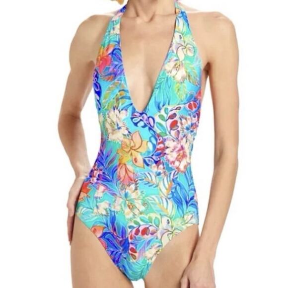 Johnny Was Other - Johnny Was Size Small Helena Halter One Piece Swimsuit Blue Floral NWT $198‎